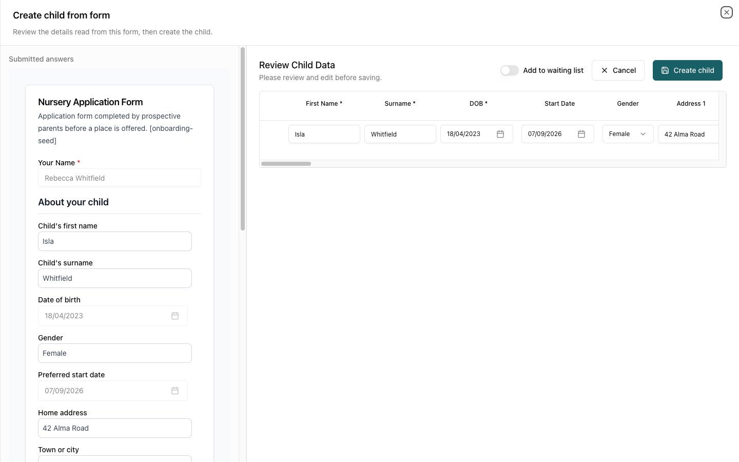 The split view showing the submitted form on the left and the child record read from it on the right