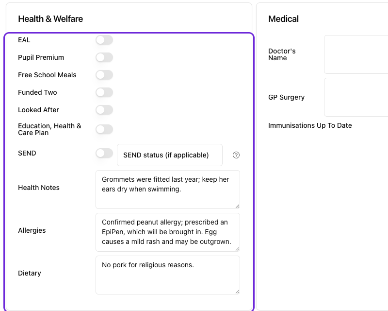A child profile showing Health Notes, Allergies and Dietary filled in as short, specific entries condensed from a long parent answer