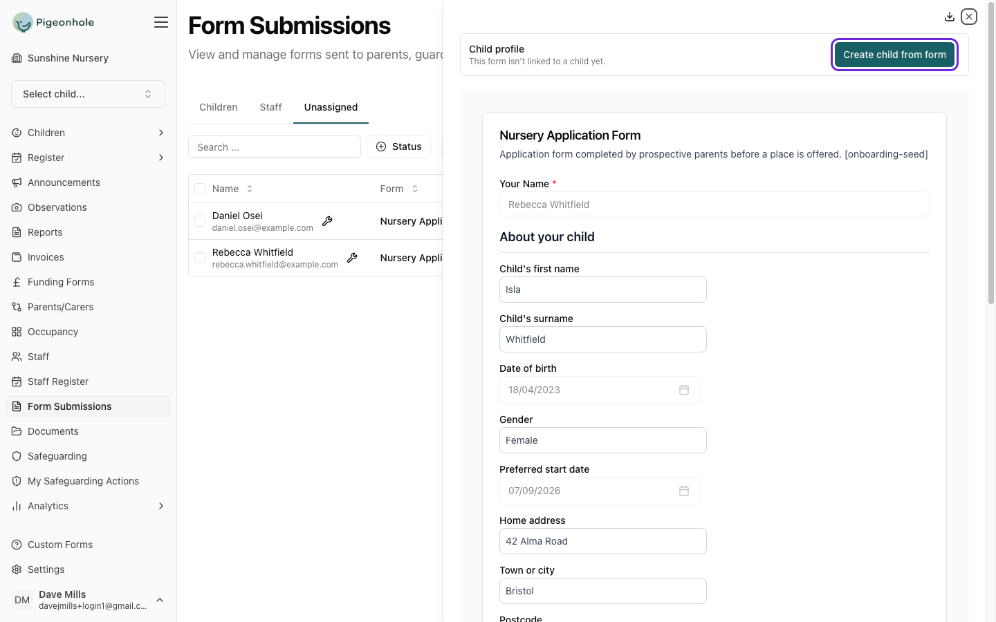 A completed application form open in the submission view, with the Child profile panel and Create child from form button at the top