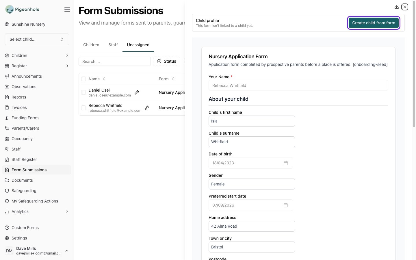 A completed application form open in the submission view, with the Child profile panel and Create child from form button at the top