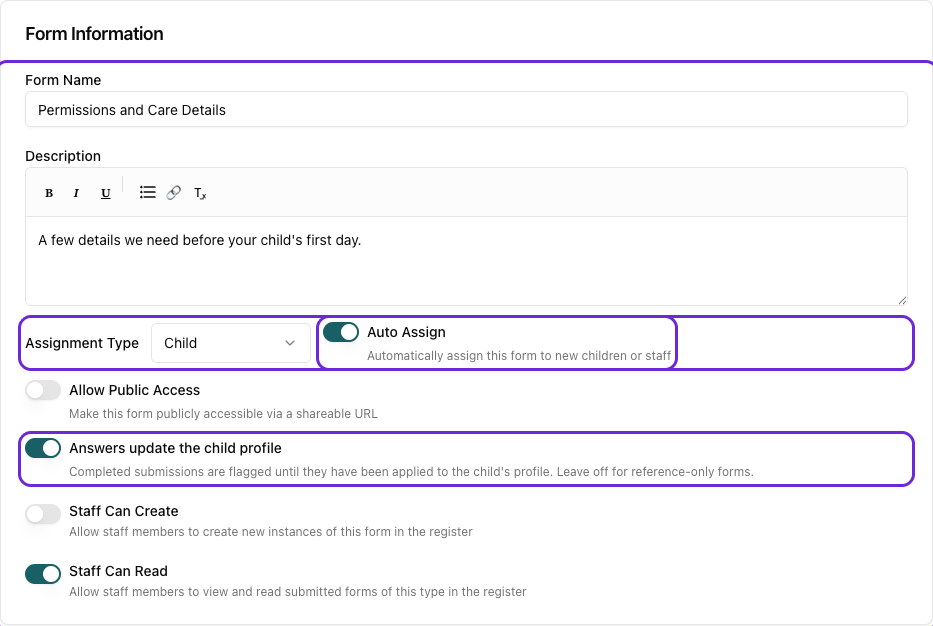 The form builder settings with Answers update the child profile switched on
