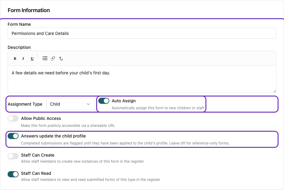 The form builder settings with Answers update the child profile switched on