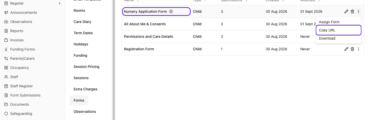 The forms settings list showing a public application form with its globe icon, and the Copy URL option in the row menu