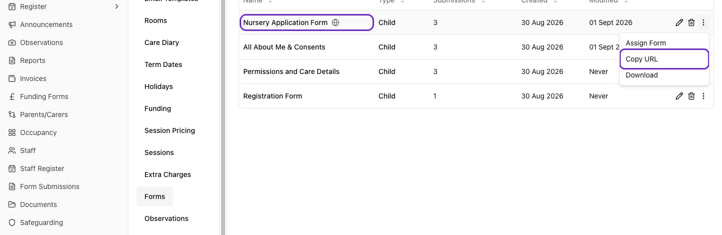 The forms settings list showing a public application form with its globe icon, and the Copy URL option in the row menu