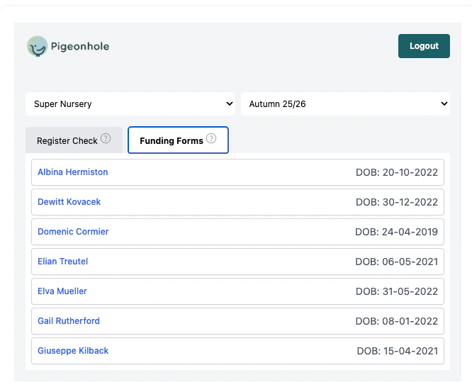 Portal Manager showing child and funding data for a selected term