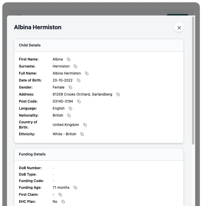 Child detail view in Portal Manager with copy buttons