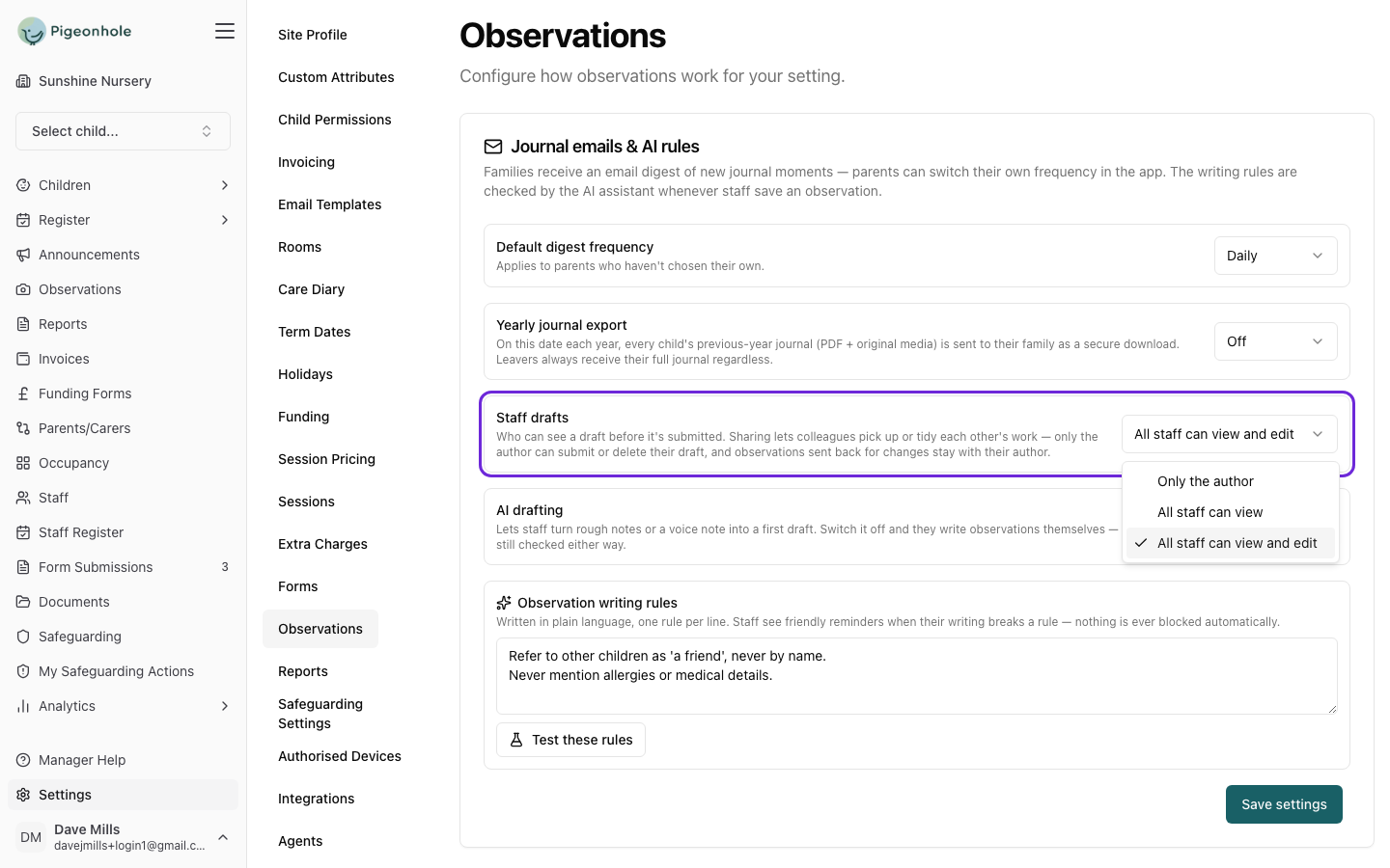 The Journal emails and AI rules card with the Staff drafts row highlighted and its options open: Only the author, All staff can view, and All staff can view and edit