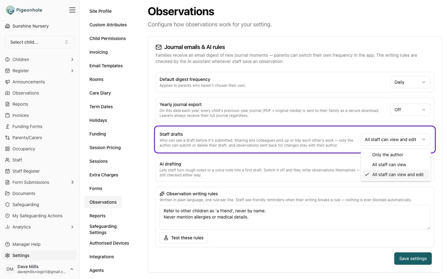 The Journal emails and AI rules card with the Staff drafts row highlighted and its options open: Only the author, All staff can view, and All staff can view and edit