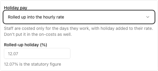 The Holiday pay control set to rolled up, with the percentage beside it