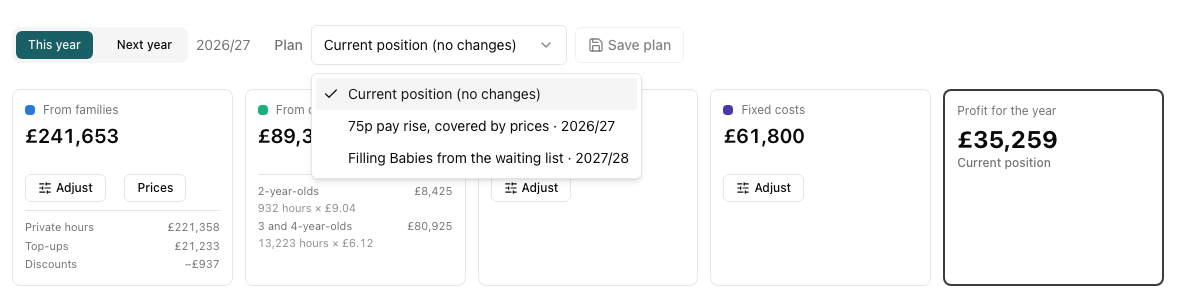 The plan list open, showing the current position and two saved plans with the year each was built for
