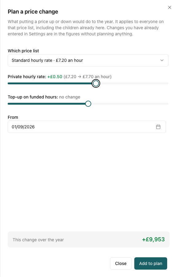 The price change sheet with the standard hourly rate up 50p, from £7.20 to £7.70 an hour, worth £9,953 over the year
