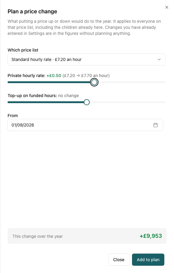 The price change sheet with the standard hourly rate up 50p, from £7.20 to £7.70 an hour, worth £9,953 over the year