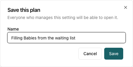 The Save this plan dialog with a name field
