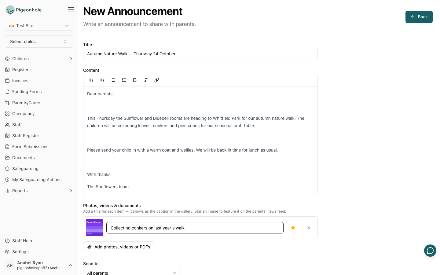 The New Announcement form with the title, rich-text editor and a photo gallery