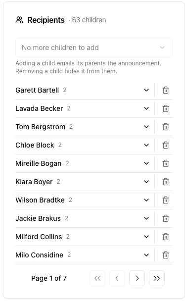 The Recipients panel of a sent announcement showing the Add a child dropdown and the per-child remove buttons