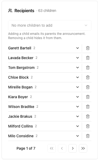 The Recipients panel of a sent announcement showing the Add a child dropdown and the per-child remove buttons