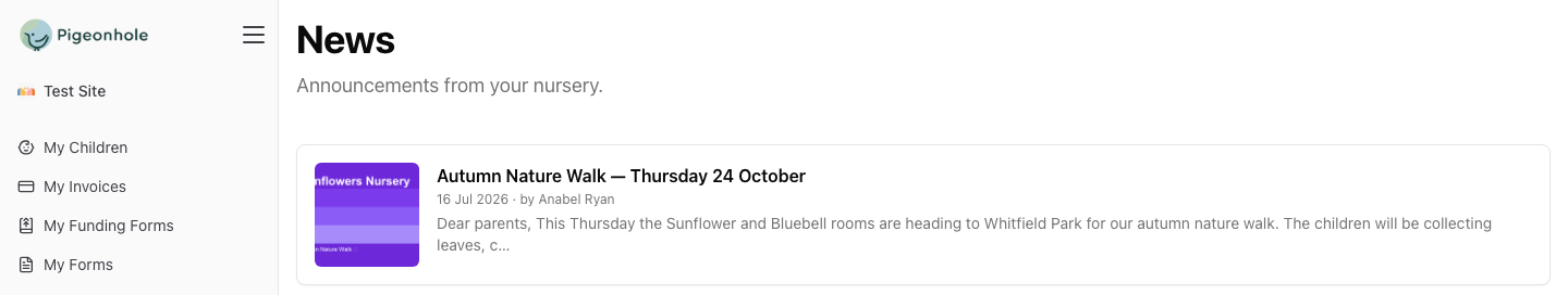 The parent News list showing an announcement card with a photo thumbnail, title, date and preview text