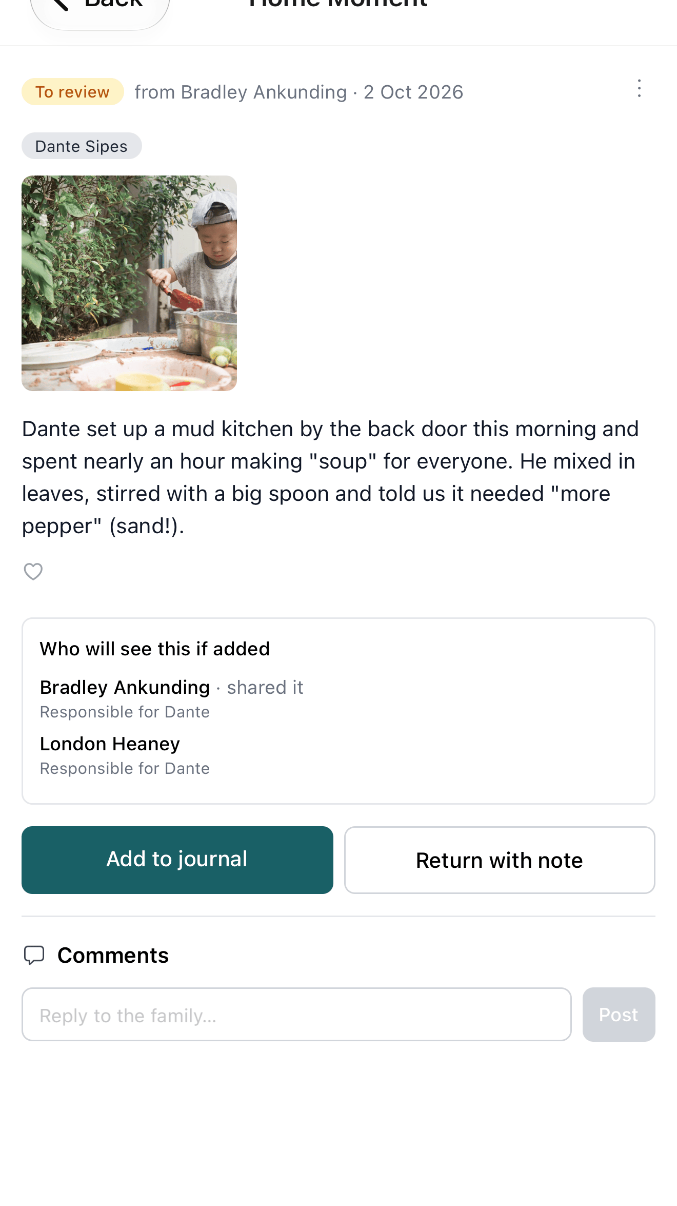 A Home Moment open in the app, with the photo, the description, the Who will see this if added panel, Add to journal and Return with note buttons, and comments