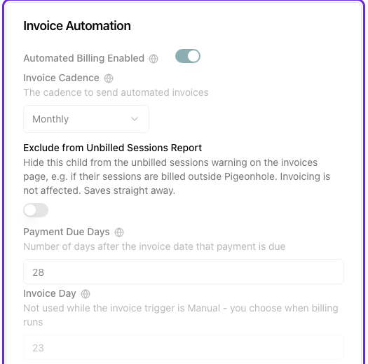 The Invoice Automation card on a child's invoicing settings, with the Exclude from Unbilled Sessions Report switch