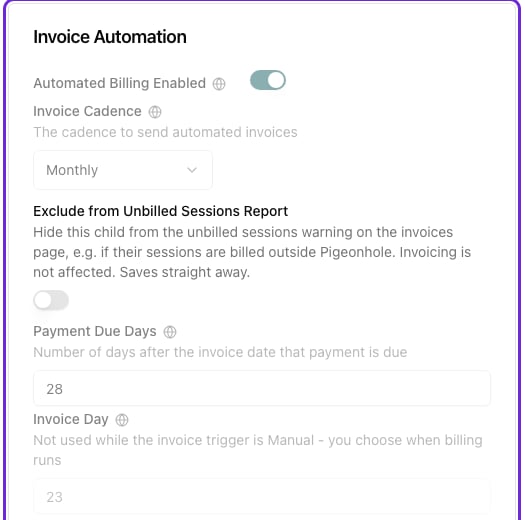 The Invoice Automation card on a child's invoicing settings, with the Exclude from Unbilled Sessions Report switch