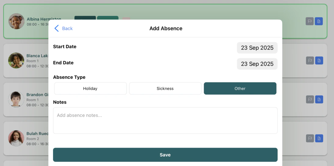 Absence form with start date, end date, type, and notes fields
