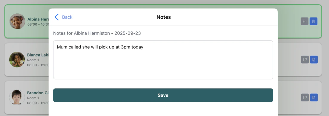 Notes modal for adding daily observations about a child