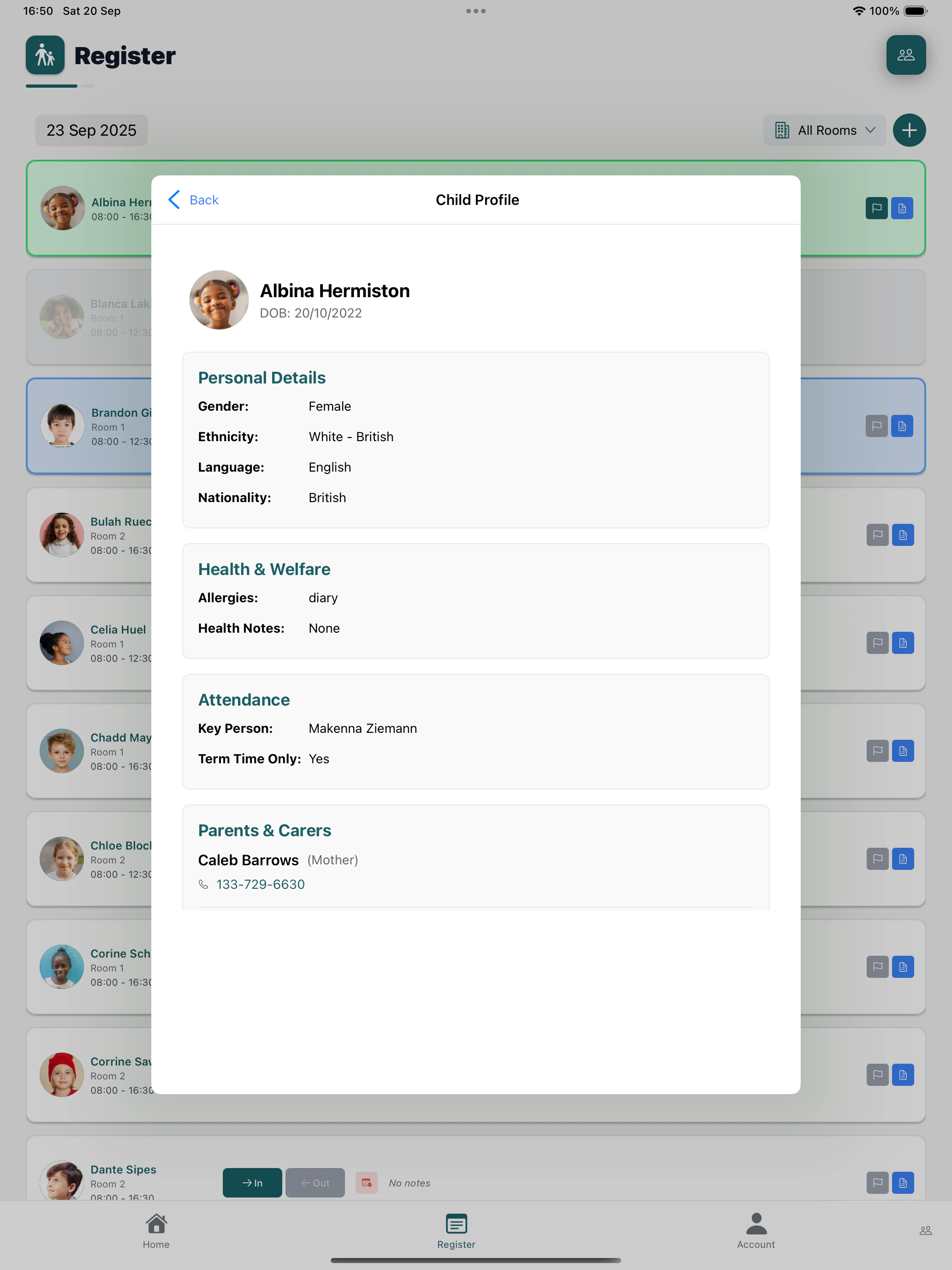 Child profile modal showing contact, medical, and dietary information