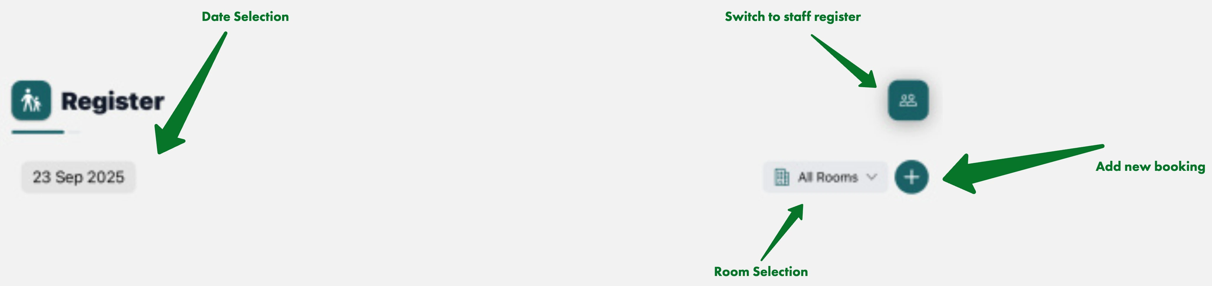 Date selector and room filter controls at the top of the register