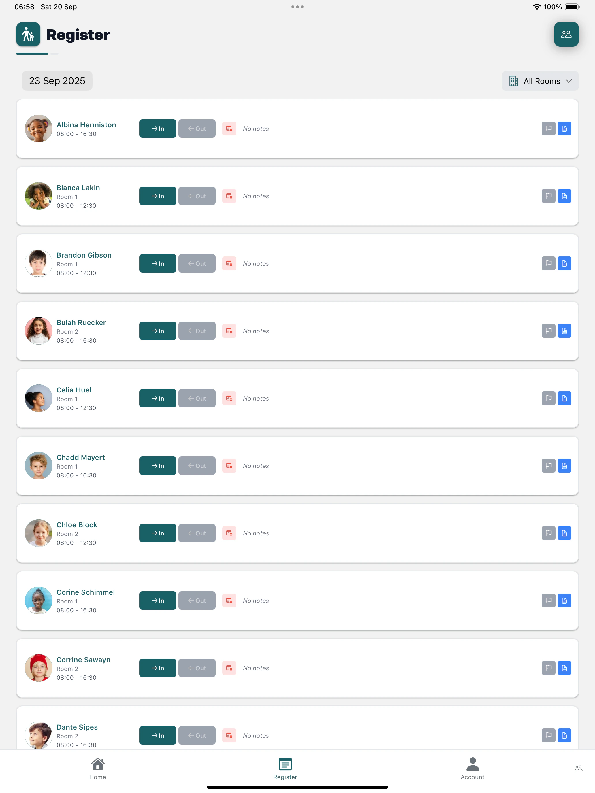 Children's register overview showing the attendance list and controls