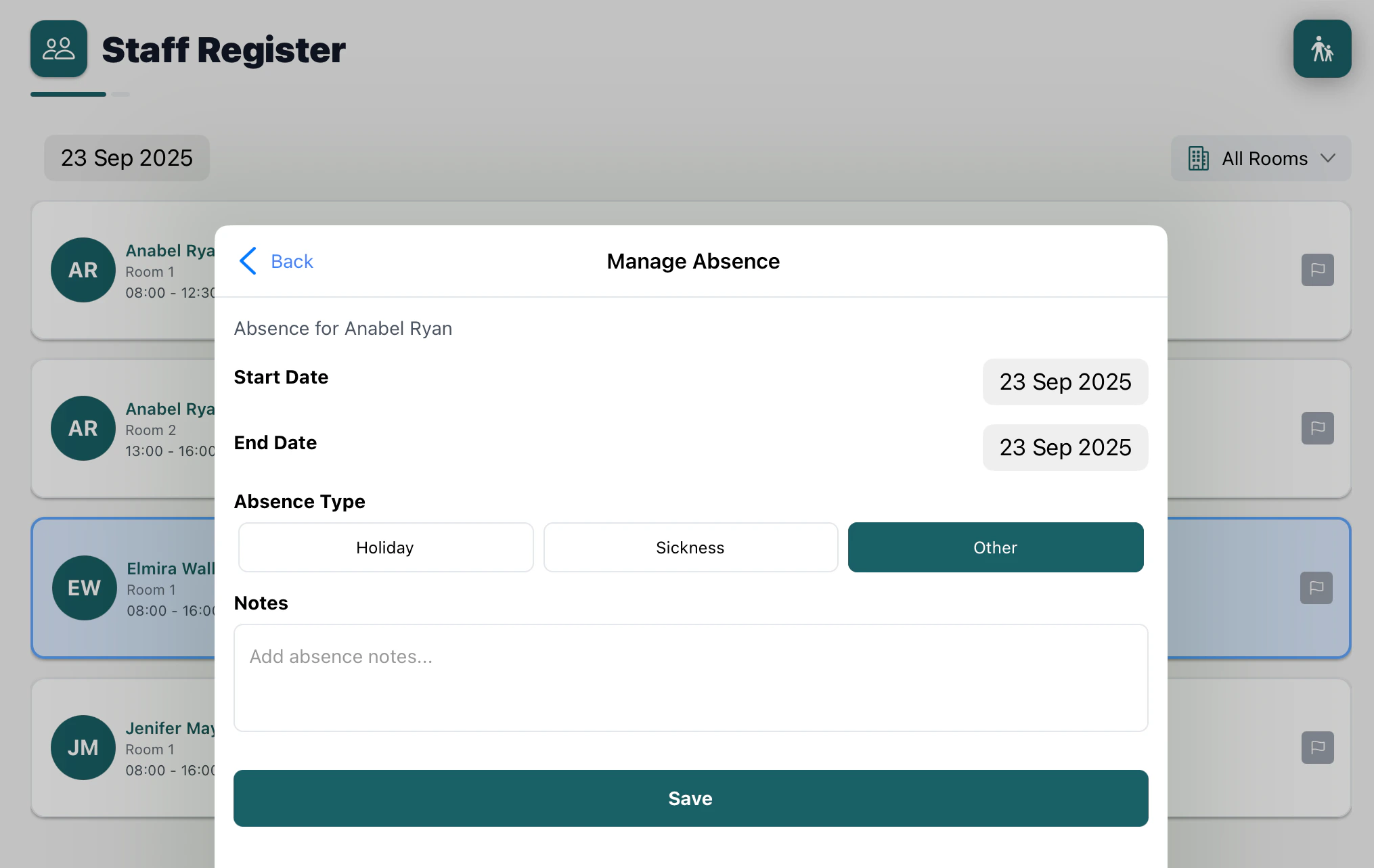 Staff absence form with start date, end date, type, and notes fields