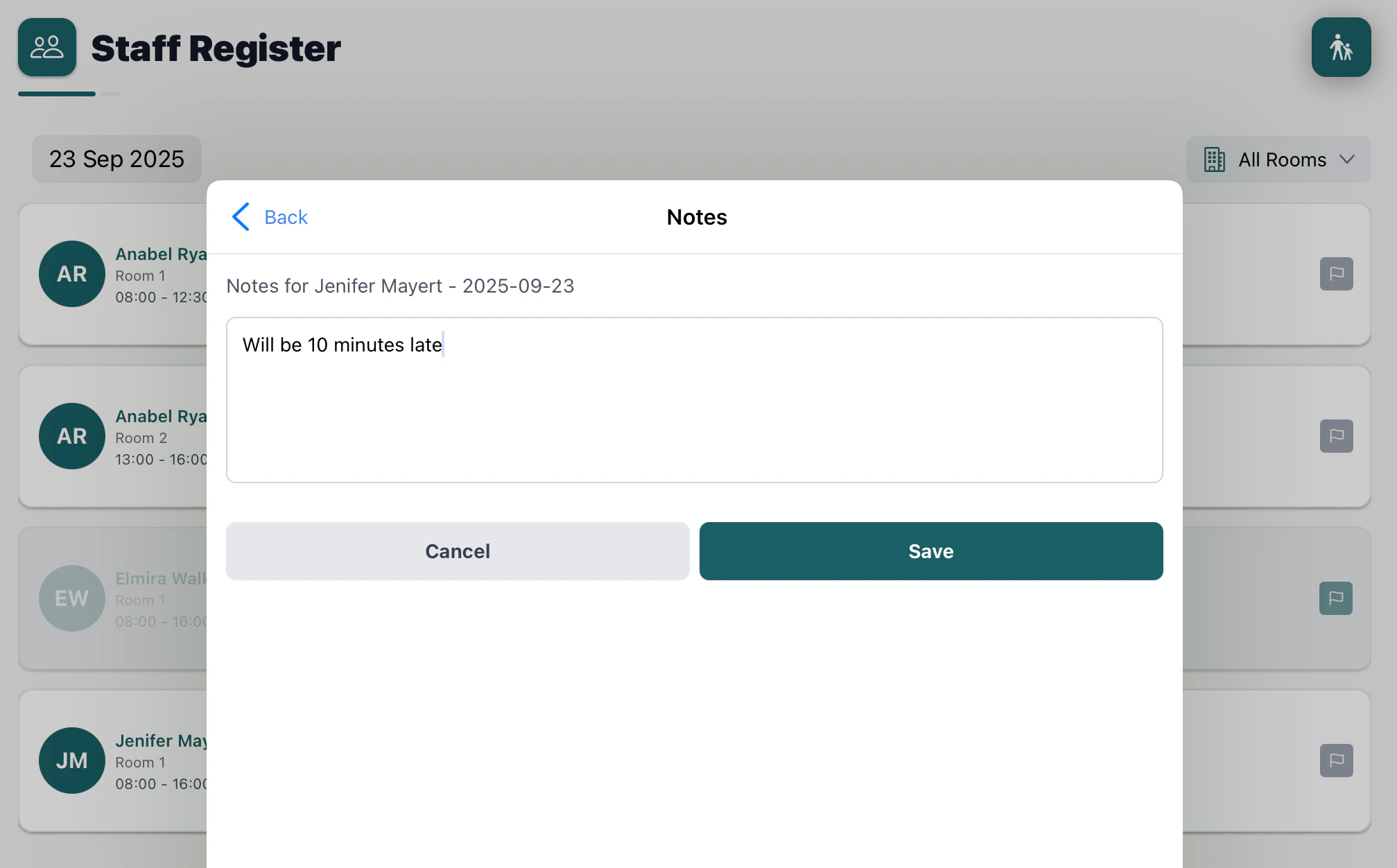 Staff notes modal for adding observations or shift handover information