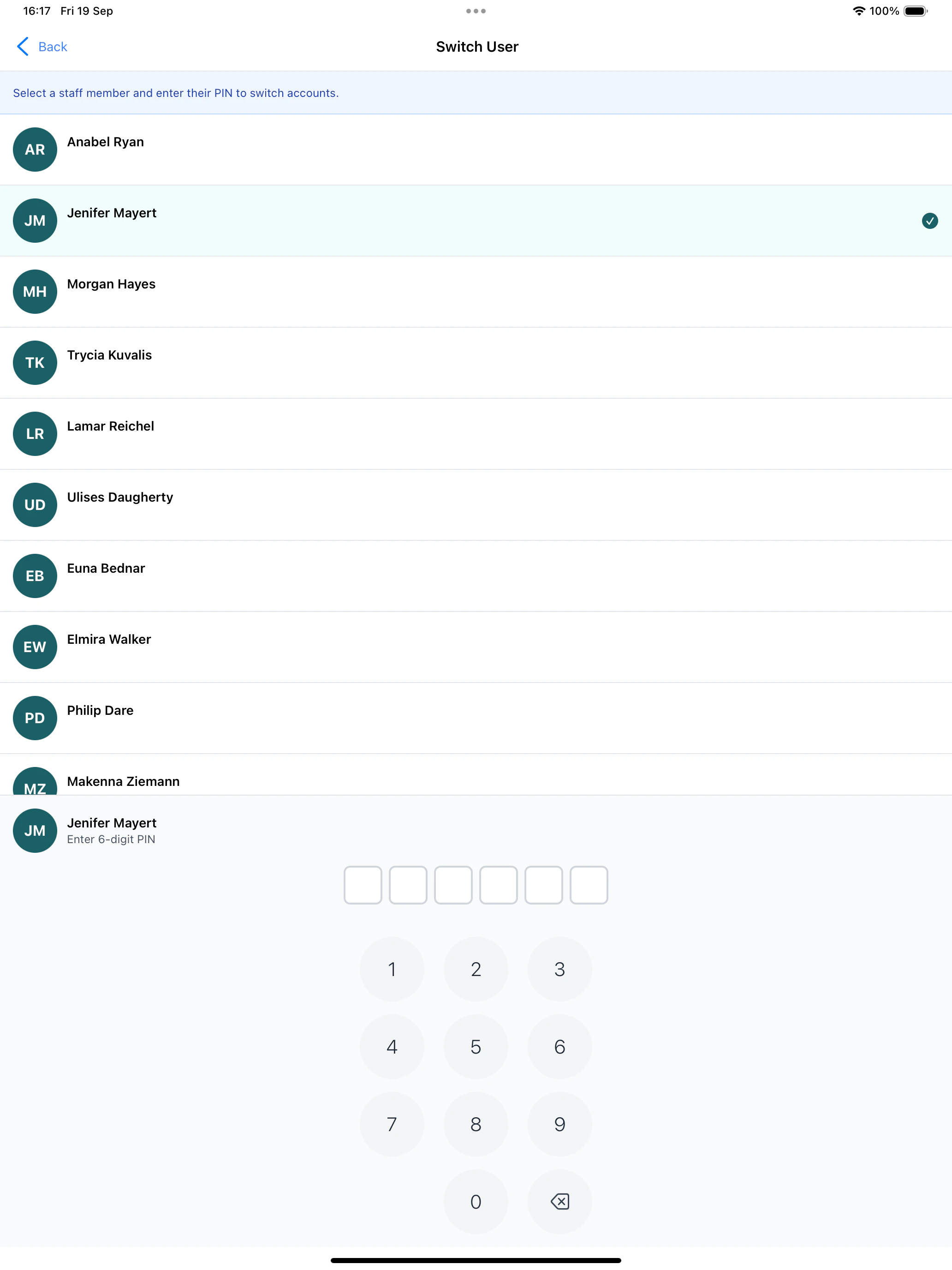 User switching interface
