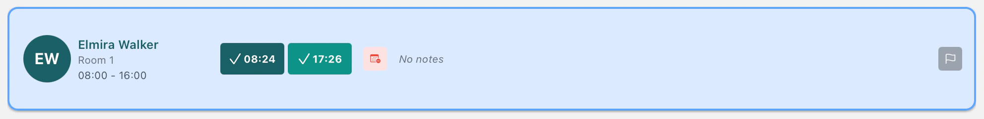 Staff checkout confirmation showing the recorded end time