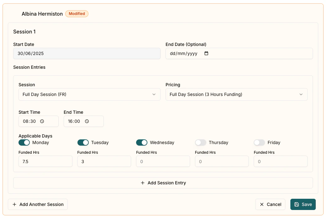 Child Session Edit Dialog