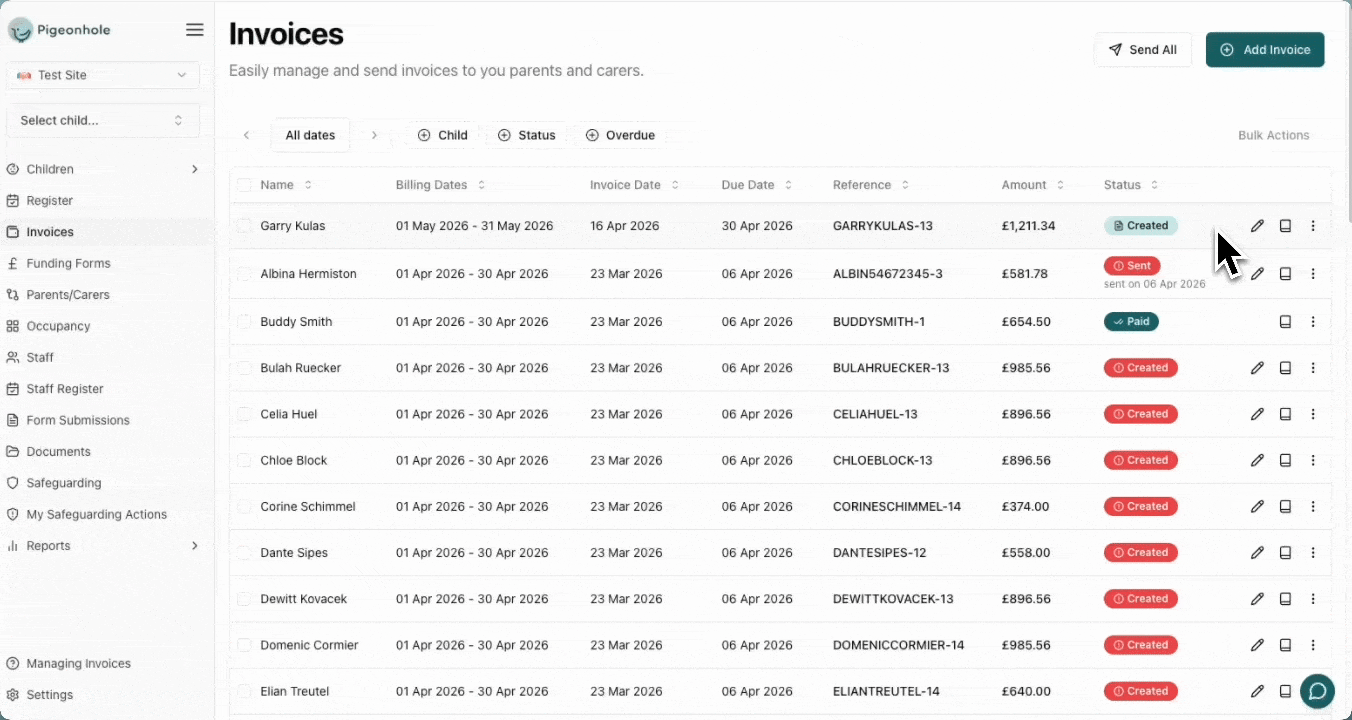 Selecting children for bulk invoice creation