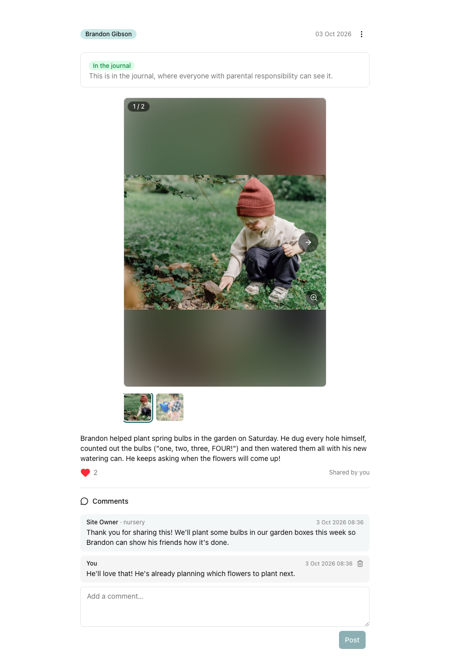 A Home Moment in the journal with a like, a comment from the nursery, and a reply from the parent