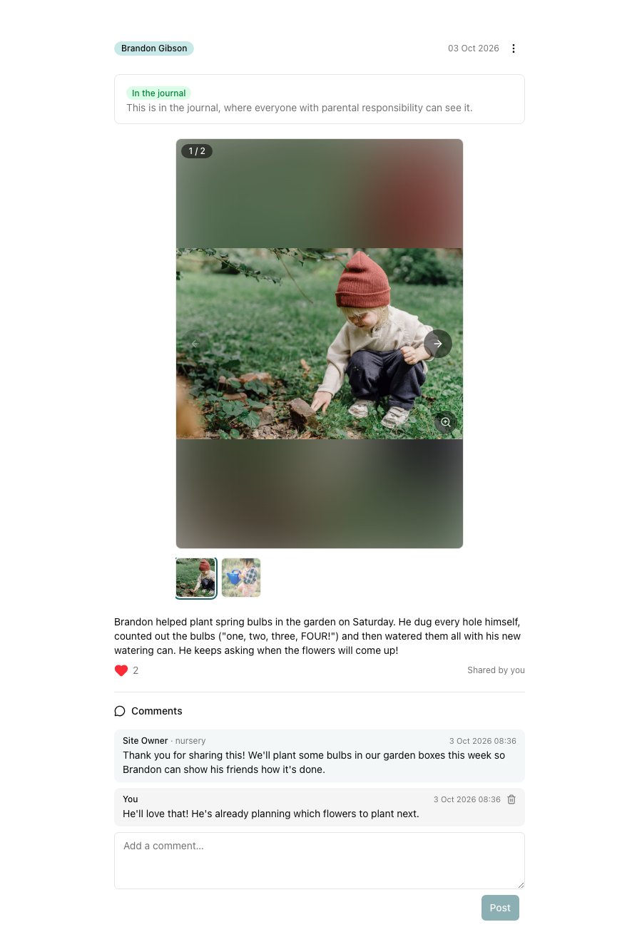 A Home Moment in the journal with a like, a comment from the nursery, and a reply from the parent