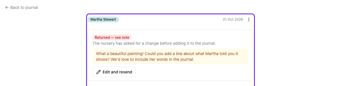 A returned moment showing the nursery's note asking for a line about what Martha said, and the Edit and resend button