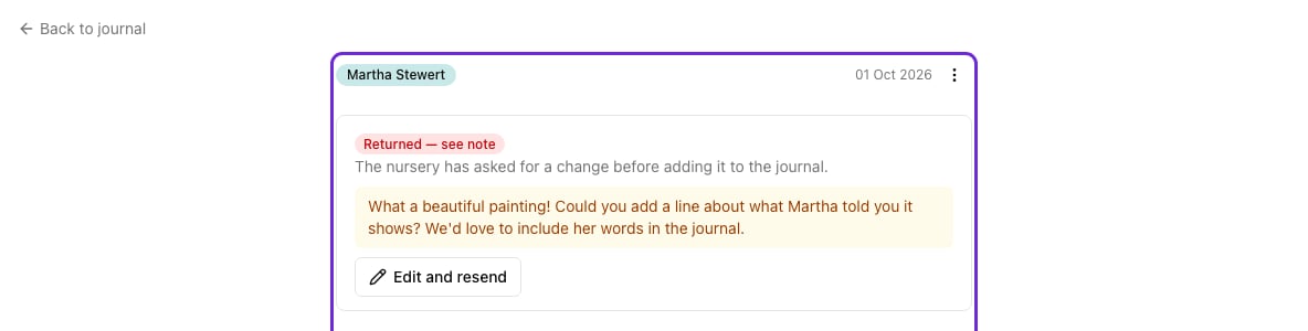 A returned moment showing the nursery's note asking for a line about what Martha said, and the Edit and resend button