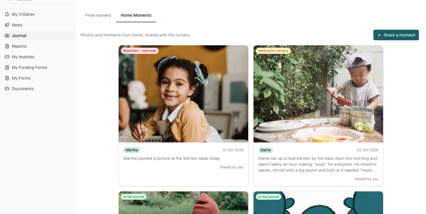 The Home Moments tab in the parent journal, with one moment Returned — see note and one Waiting for nursery