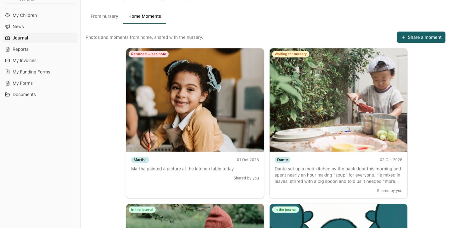 The Home Moments tab in the parent journal, with one moment Returned — see note and one Waiting for nursery