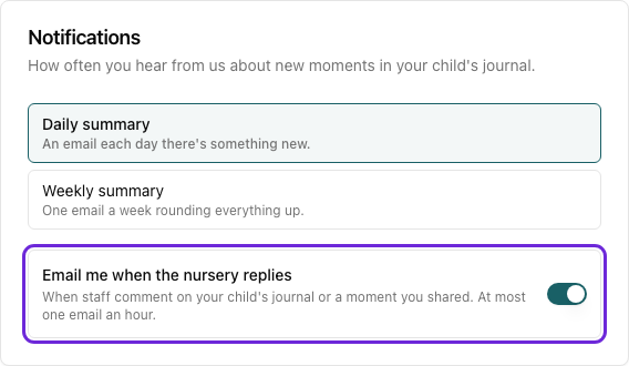 The Notifications card on My Account with the Email me when the nursery replies switch highlighted