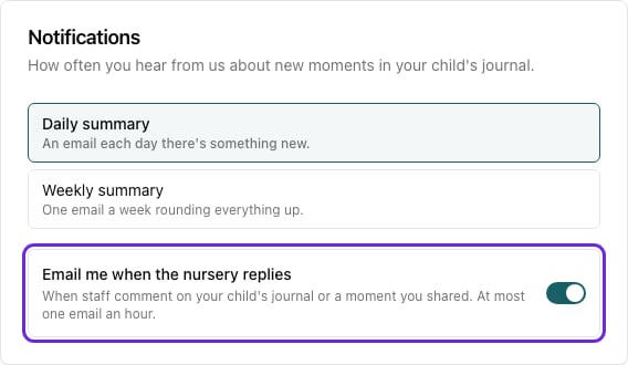 The Notifications card on My Account with the Email me when the nursery replies switch highlighted