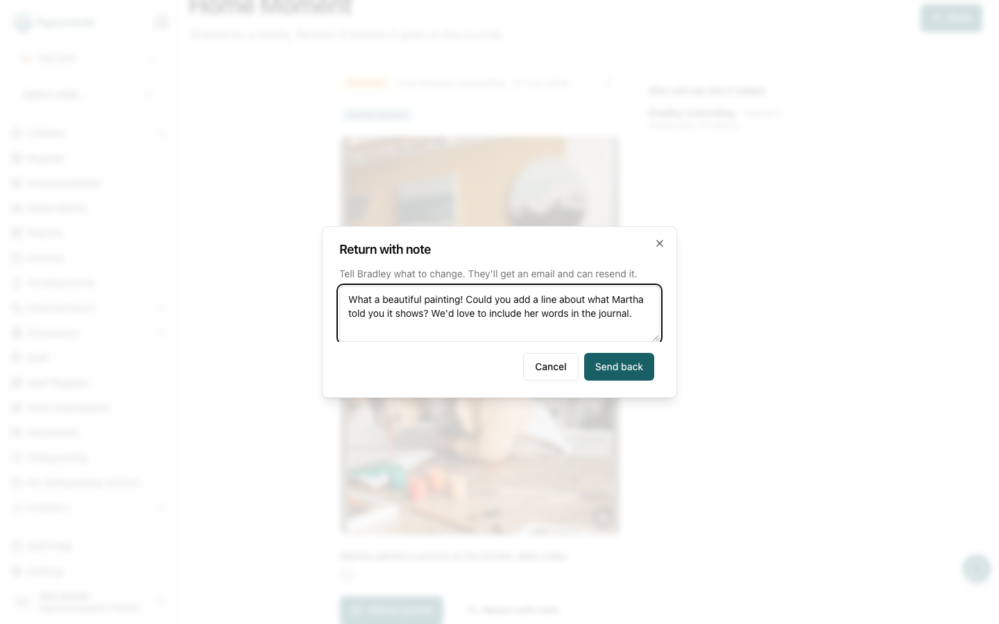 The Return with note dialog with a note asking the parent to add what the child said about the painting