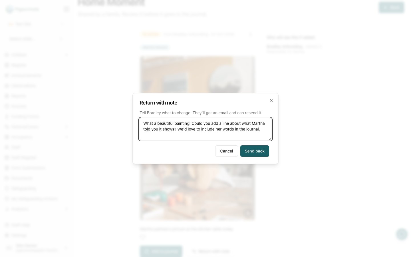 The Return with note dialog with a note asking the parent to add what the child said about the painting