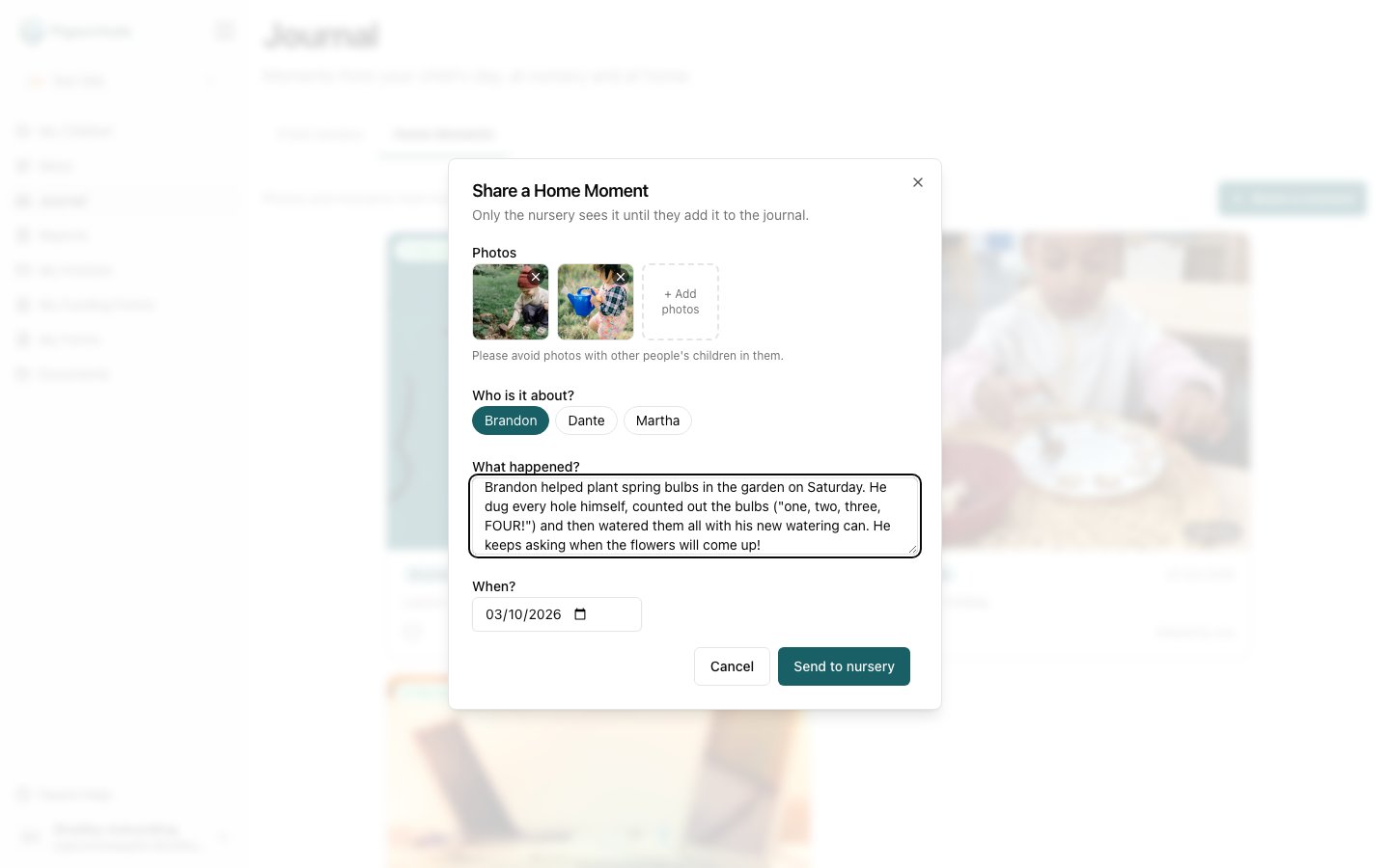 The Share a Home Moment dialog with two garden photos, Brandon selected, a description of planting bulbs, and the Send to nursery button