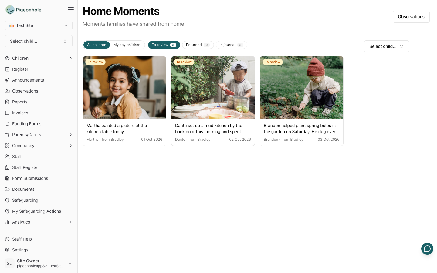 The Home Moments page with three moments to review, each showing a photo, a snippet, the child and the parent who shared it