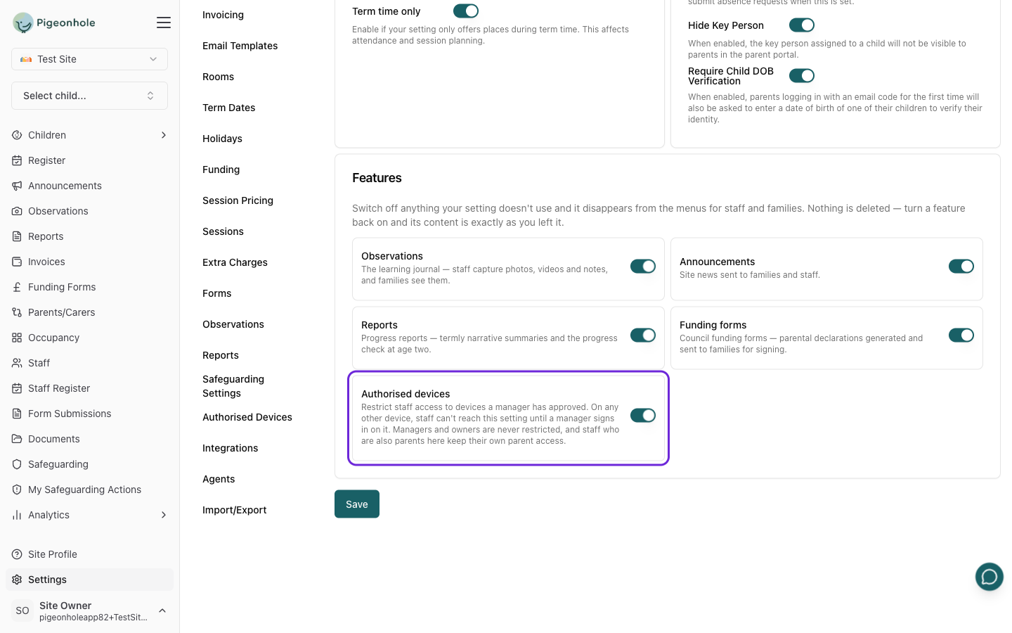 Site Profile features section with the Authorised devices switch turned on
