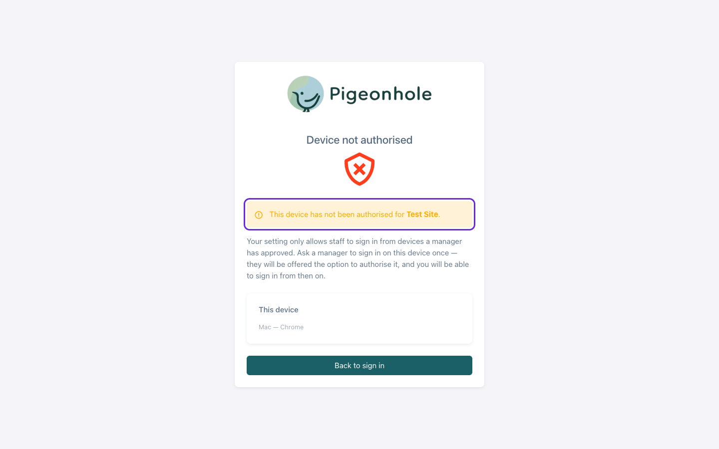 The "Device not authorised" sign-in page shown to staff on an unapproved device