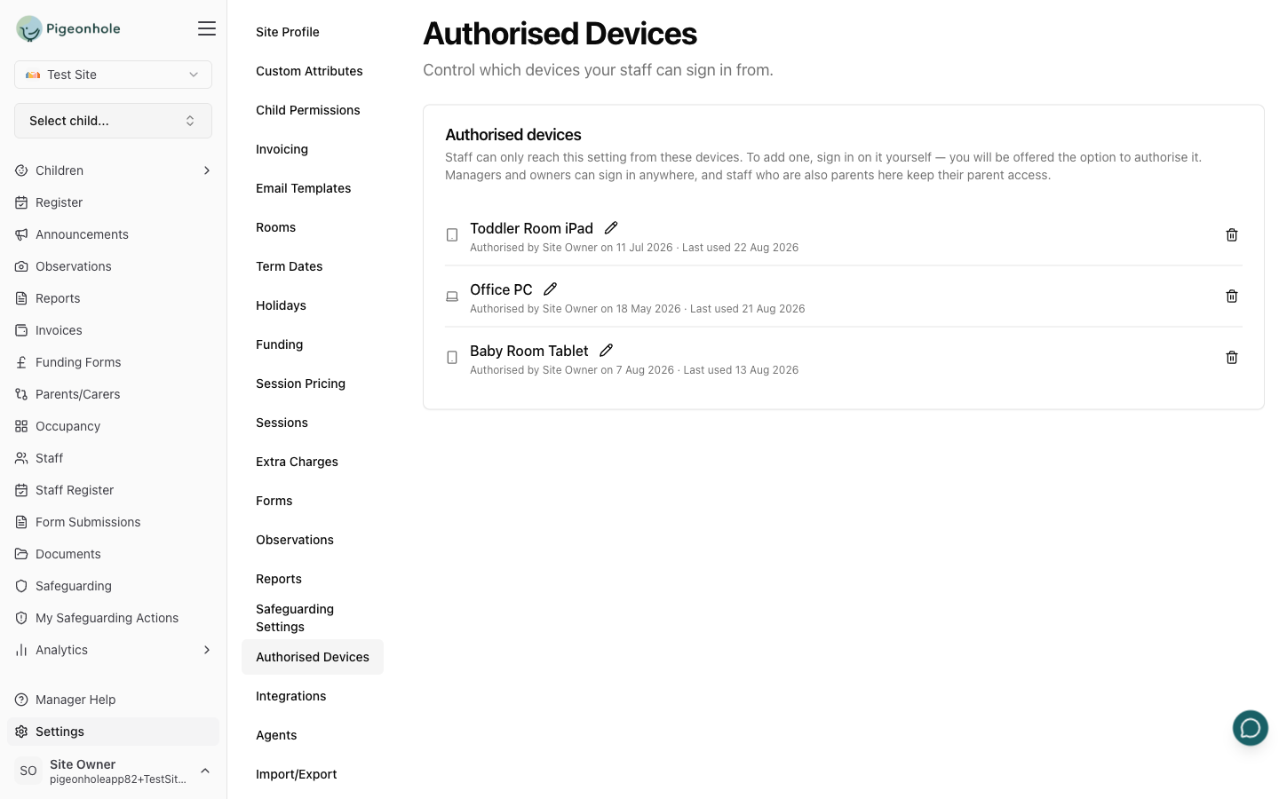 The Authorised Devices settings page listing approved devices with their platform icons, who authorised them, and when each was last used
